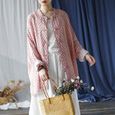 Loose Summer Printed Ramie Shirt, Standing Collar Frog Button Chinese Casual Shirt 20240803