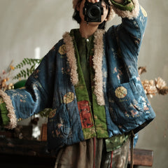 Retro Bohemian Shearling-Patchwork Cotton Jacket for Women Printed Oversized Cotton Coat,Vintage Japanese kimono, Oversize Printed bamboo leaf Cotton Linen Jacket