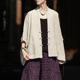 Vintage Chinese V-neck frog button long-sleeved cotton shirt, casual loose cotton linen kimono 20250328