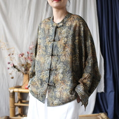 Vintage Chinese Standing Collar Loose Frog Button Shirt, Brown Printed Cotton Linen Jacket 20250408