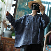 Pure Ramie Literary Hand Embroidered Blue Applique Shirt Top 240621