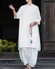 Cotton Linen Long Shirt, Summer New Chinese Standing Collar Frog Button Dresses 20240728
