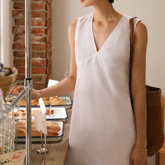 100% Linen Dress, Summer Sleeveless V-Neck Dress 20250313