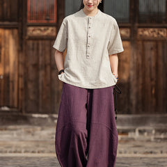 Retro Chinese stand-up collar frog button short-sleeved cotton shirt, summer casual loose cotton shirt 20250328