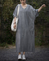 Women loose cotton linen dress plus, V-Neck Handmade Tie-Dye Dress,Loose Cotton Linen Dress 20240714