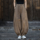 Ramie Handmade Tie-Dyed Loose Wide Leg Pants, Vintage Tapered Elastic Waist Lantern Trousers 20240722