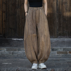Ramie Handmade Tie-Dyed Loose Wide Leg Pants, Vintage Tapered Elastic Waist Lantern Trousers 20240722