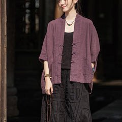 Vintage Chinese V-neck frog button long-sleeved cotton shirt, casual loose cotton linen kimono 20250328