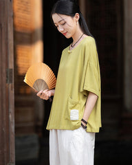 Frog button V-neck patchwork cotton linen T-shirt, summer Chinese retro women sandwashed loose cotton linen T-shirt 20240728