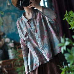 Vintage Digital Printed Pure Ramie Shirt,Summer Loose Printed Flower Shirt 240621