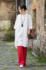 Women's summer Chinese loose frog button cheongsam, retro cotton linen casual long shirt20250604