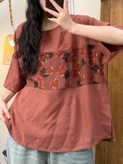 Women Loose-fitting printed T-shirt Summer Vintage Flower Spliced O-Neck Shirt
