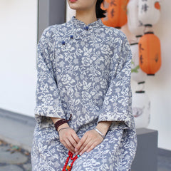 Summer Printed Cotton Linen Cheongsam, Vintage Chinese flower Printed Dresses 20250408