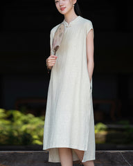Cotton Linen Long sleeveless Shirt, Summer New Chinese Standing Collar Frog Button Dress 20240728