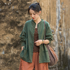 Vintage summer Chinese long sleeve shirt, cotton and linen washed and brushed frog button shirt 20250604