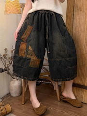 Vintage Patchwork Denim Ankle-Length Wide-Leg Pants,Women Summer Retro Patchwork Denim Wide-leg Pants