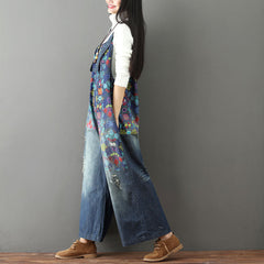 Printed floral stonewashed cotton overalls, women's denim washed overalls