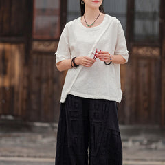 Summer boat neck cotton linen shirt, vintage casual loose T-shirt 20250328