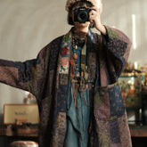 Shearling-Patchwork Cotton Jacket for Women Printed Oversized Cotton jacket,Vintage Japanese kimono, Oversize Printed bamboo leaf Cotton Linen Jacket
