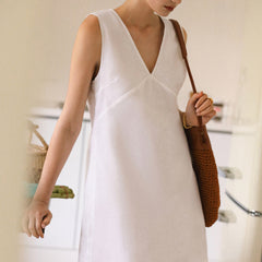 100% Linen Dress, Summer Sleeveless V-Neck Dress 20250313