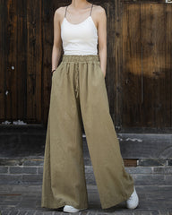 Ramie Handmade Tied Mid Waist Wide Leg Pants, Vintage Elastic Waist Casual Pants 20240722