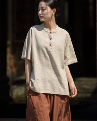Summer Cotton Chinese t-shirt,cotton linen Washed Plate Button Women's Short Sleeve T-Shirt 20240714
