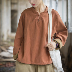 2024 Winter Cotton Linen Padded Bottom Shirt, Plate Button Retro Literary Women's Tops 20241113