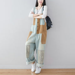 Patchwork Printed Cotton Overalls,Women's Denim Overalls,Stonewashed Loose Overalls