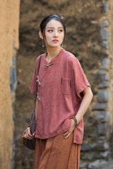 Women's Summer Chinese Short Sleeve Shirt, Vintage Cotton Linen Casual Frog Button Shirt 20250604