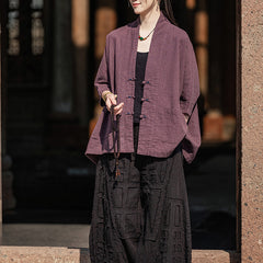 Vintage Chinese V-neck frog button long-sleeved cotton shirt, casual loose cotton linen kimono 20250328