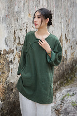 Vintage Summer Chinese Boat Collar Long Sleeve Shirt, Cotton Linen Washed Frog Long T-Shirt 20250604