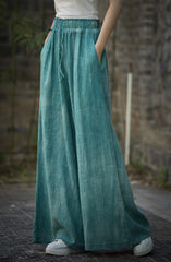 Ramie Handmade Tie-Dye Tied Mid-Waist Wide-Leg Pants, Vintage Elastic Waist Casual Trousers 20240722