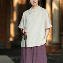 Cotton linen short-sleeved frog button shirt, summer vintage Chinese cotton shirt 20250328