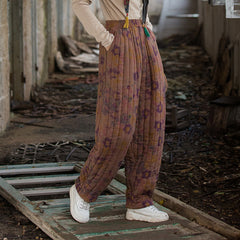 2024 Winter Thickened Printed Flower Quilted Warm Cotton Linen Pants, Vintage Loose Cotton Linen Tapered Pants 20241114