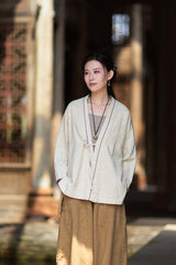 New Cotton-Linen Women's Vintage Zen-Inspired Ramie Tapered-Sleeve Tie-Front Cardigan, Loose-Fit Chinese-Style Jacket 20260511