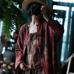 Vintage Cotton Loose New Chinese National Style Shirt Jacket, Flower Printed Frog Button Jacket 240621