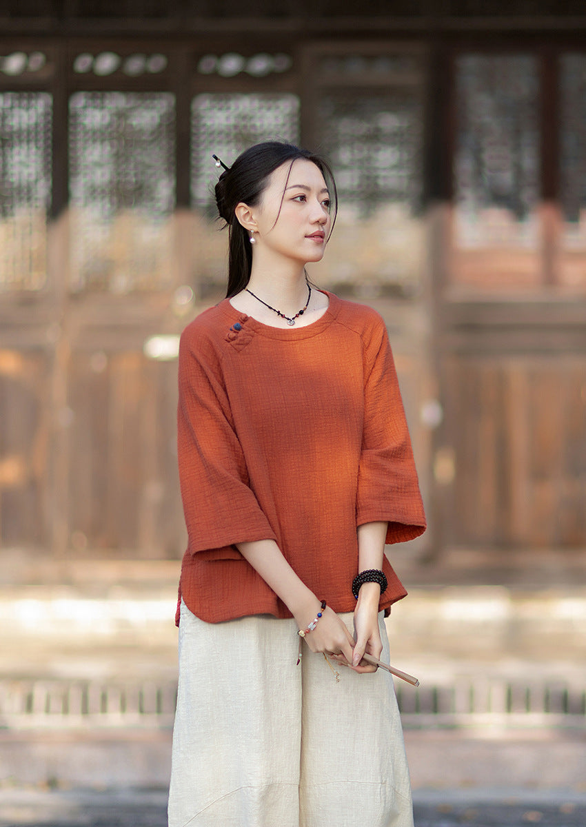 2026 Spring New Arrival: Retro-Chic Cotton-Linen Women's Round-Neck Color-Blocked Button-Down Blouse, Pullover T-Shirt