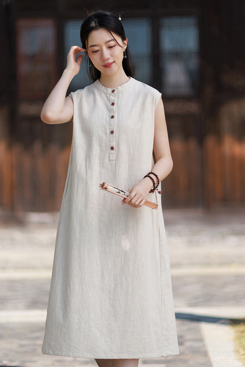 2026 Summer Women's Boho-Chic Dress: Loose-Fit, Sand-Washed Ramie Mid-Length Dress with a Zen-Inspired Aesthetic