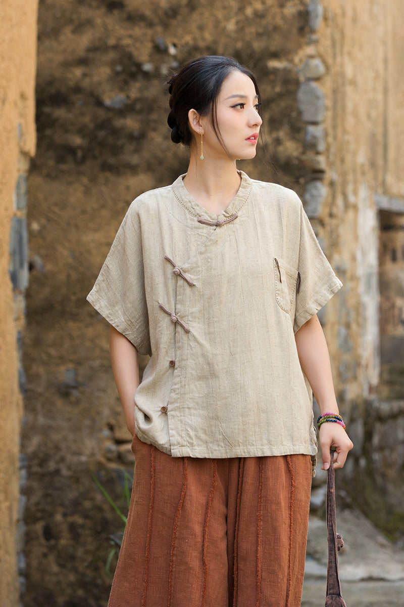 Women's Summer Chinese Short Sleeve Shirt, Vintage Cotton  Linen Casual Frog Button Shirt 20250604