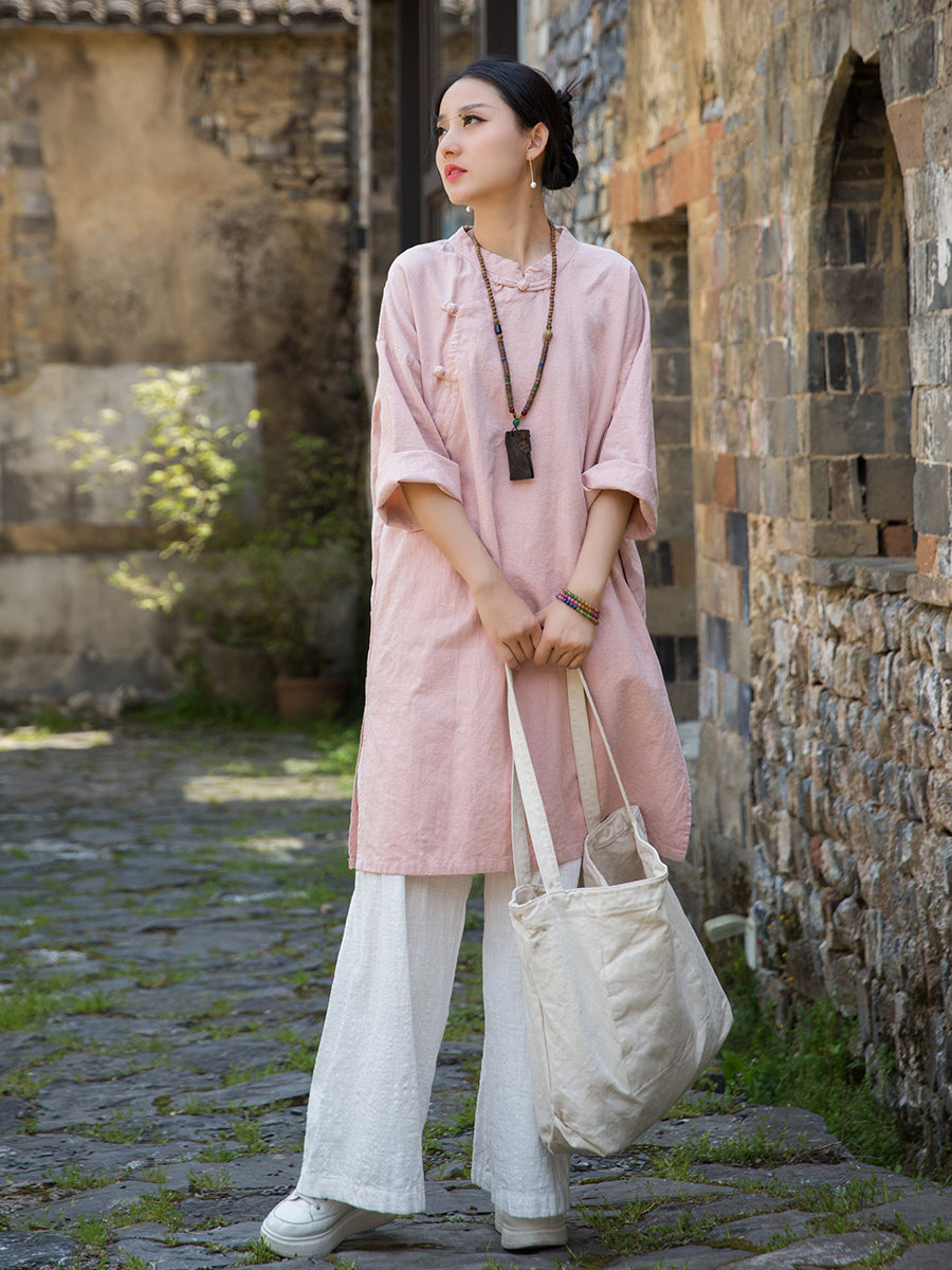 Women's summer Chinese loose frog button cheongsam, retro cotton  linen casual long shirt20250604