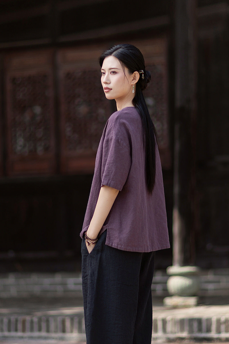 Round-Neck Chinese-Style Blouse: New Summer Style, Retro-Chic, Stitched Color-Blocking, Button-Front Short-Sleeve T-Shirt 20260511