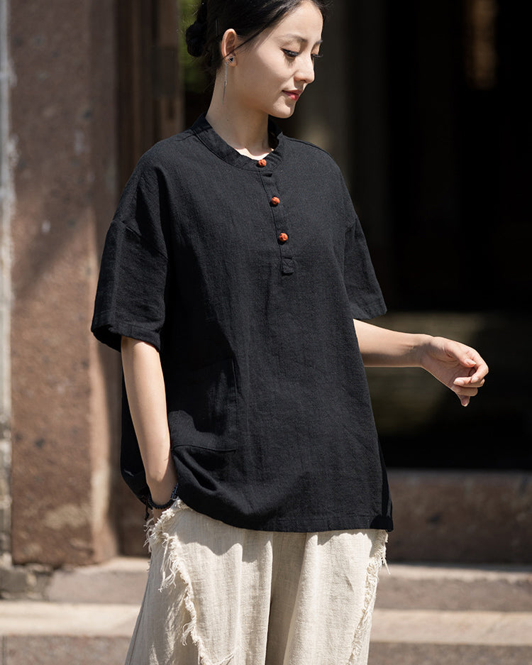 Summer Cotton Chinese t-shirt,cotton linen Washed Plate Button Women's Short Sleeve T-Shirt 20240714