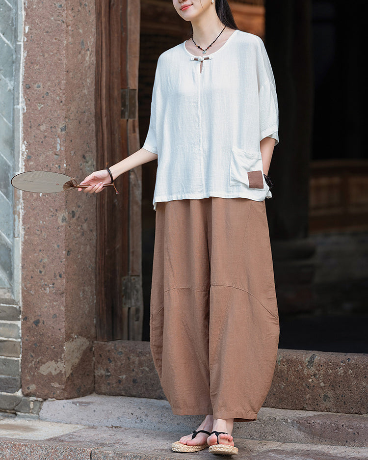 Frog button V-neck patchwork cotton  linen T-shirt, summer Chinese retro women sandwashed loose cotton  linen T-shirt 20240728