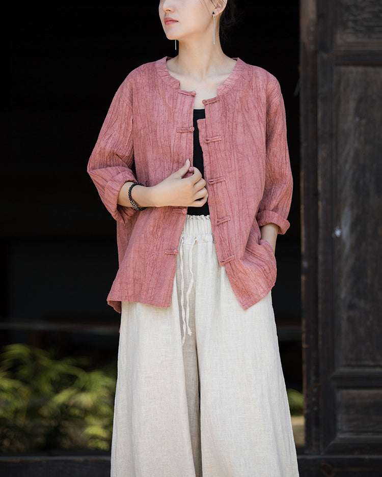 Summer cotton  Chinese stand-up collar shirt, sandwashed frog button women's long-sleeved shirt 20240714