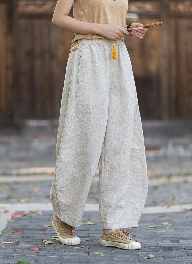 New Summer Arrival: Women's Artistic-Style Lightweight Linen Casual Pants with Elastic Waistband, Sandwashed, Distressed, Patchwork, and Cropped Bell-Bottom Design 20260511