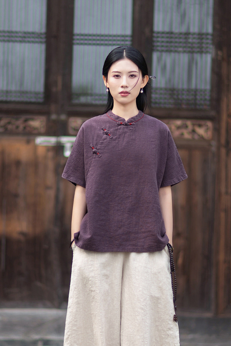 Women's Cotton-Linen Retro Zen-Inspired Stand-Collar Shirt with Stitched Buttonholes and Asymmetrical Hem 20260511