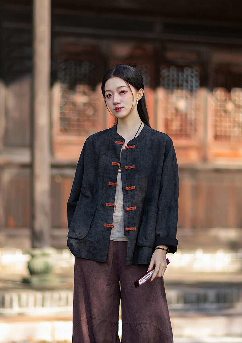 2026 Spring New Arrival: Vintage-inspired, distressed, sand-washed asymmetrical top; niche-style patchwork V-neck cotton-linen button-down cardigan