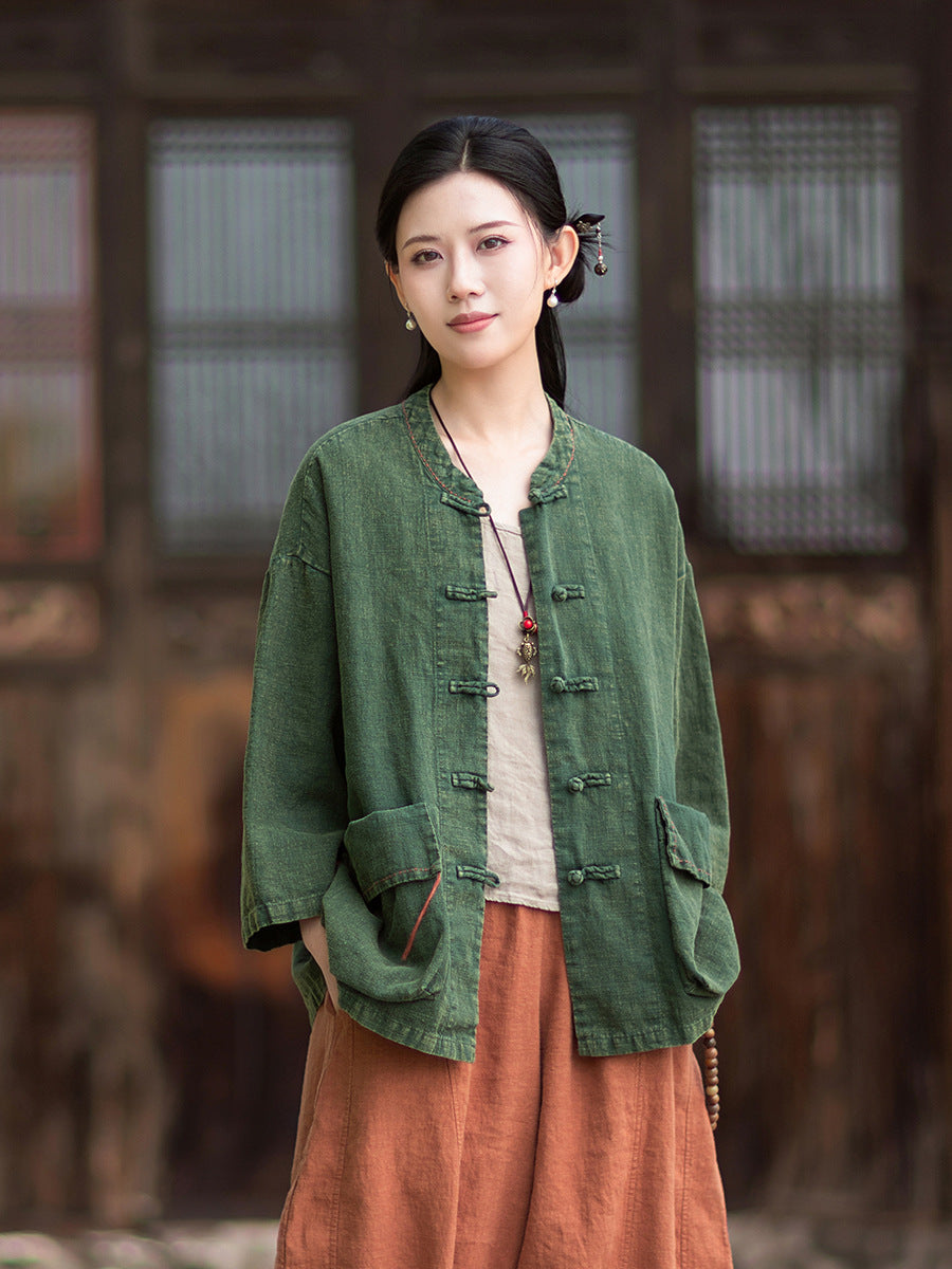 Summer New Arrival: Original Linen Hand-Knotted Button-Down Shirt with Large Pockets for Women – Vintage Distressed Jacket 20260511