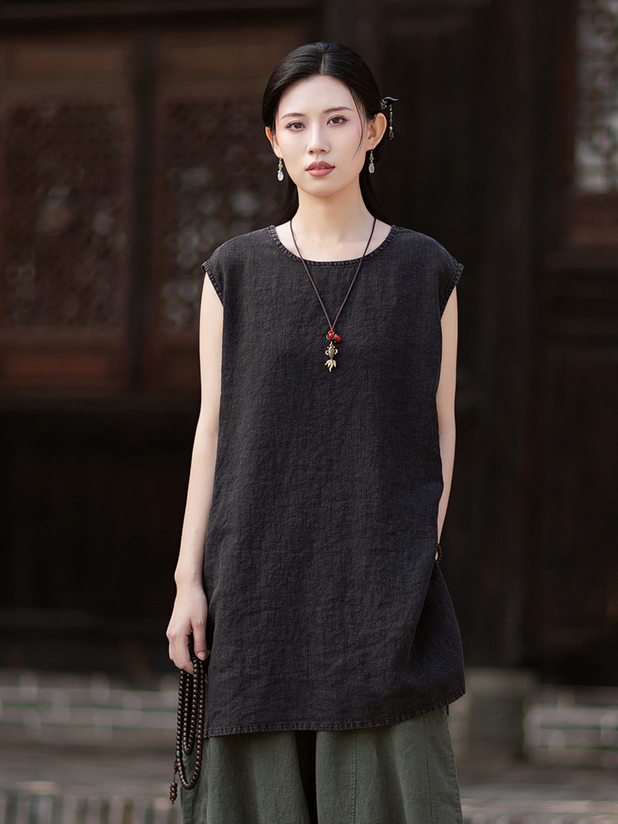 New Vintage-Style Ombré Distressed Versatile Lightweight Sleeveless Dress for Women: Round-Neck Linen Tank Dress 20260511