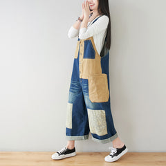 Patchwork cotton overalls, women's printed denim overalls, stonewashed loose overalls